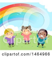 Poster, Art Print Of Group Of Happy Children Under A Rainbow