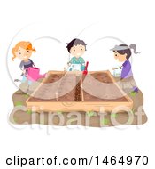 Clipart Of A Group Of Children Planting Straight Rows In A Raised Garden Bed Royalty Free Vector Illustration
