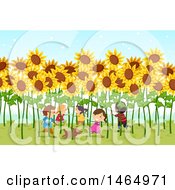 Poster, Art Print Of Group Of Children Playing In A Field Of Giant Sunflowers