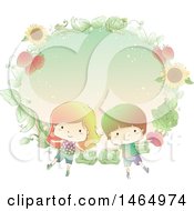 Poster, Art Print Of Sketched Boy And Girl In A Fram Of Sunflowers Cabbage And Strawberries