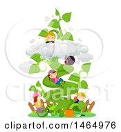 Poster, Art Print Of Group Of Children Climbing A Giant Beanstalk In A Garden