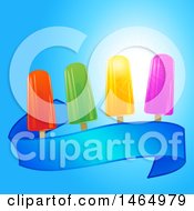 Poster, Art Print Of Blue Ribbon Banner With Colorful Ice Lollies Over Blue Sky