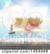 Clipart Of A 3d Wood Surface With Blurred Sailboat And Island Royalty Free Illustration by KJ Pargeter