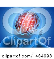 Poster, Art Print Of 3d Mans Head With Glowing Brain And Connections On Blue