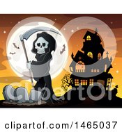 Poster, Art Print Of Grim Reaper Holding A Scythe In A Cemetery Near A Haunted House