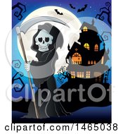 Poster, Art Print Of Grim Reaper Holding A Scythe Against A Full Moon Near A Haunted House