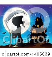 Poster, Art Print Of Grim Reaper Holding A Scythe Against A Full Moon Near A Haunted House