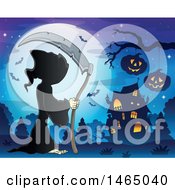 Clipart Of A Grim Reaper Holding A Scythe Against A Full Moon Near A Haunted House Royalty Free Vector Illustration by visekart