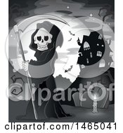 Poster, Art Print Of Grim Reaper Holding A Scythe In A Cemetery Near A Haunted House