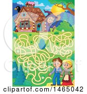 Clipart Of A Maze Of A Witch Watching A Brother And Sister Hanzel And Gretel Near The Gingerbread House Royalty Free Vector Illustration