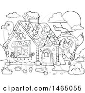 Black And White Crow And Witch At A Gingerbread House In The Story Of Hansel And Gretel
