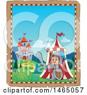 Poster, Art Print Of Parchment Page Of A Knight Emerging From A Tent Near A Castle