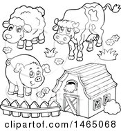 Poster, Art Print Of Black And White Barn With A Cow Sheep And Pig