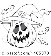 Clipart Of A Black And White Halloween Jackolantern With Bats Royalty Free Vector Illustration