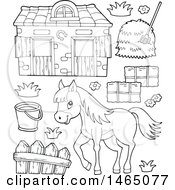 Clipart Of A Black And White Horse Near A Barn Royalty Free Vector Illustration