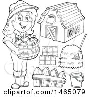 Poster, Art Print Of Black And White Female Farmer With A Barn Hay Bushel Of Apples Bucket And Fence