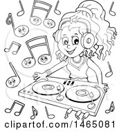 Poster, Art Print Of Black And White Female Dj Wearing Headphones And Mixing Records