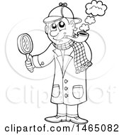 Clipart Of A Black And White Detective Smoking A Pipe And Investigating Royalty Free Vector Illustration