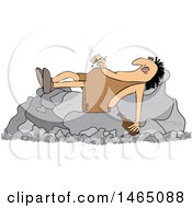 Clipart Of A Cartoon Crossfaded Caveman Smoking A Joint And Holding A Bottle Of Alcohol While Resting On A Boulder Royalty Free Vector Illustration