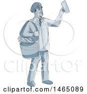 Poster, Art Print Of Sketched Retro Mailman Holding Up An Envelope