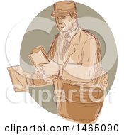 Clipart Of A Sketched Vintage Post Man Delivering Mail Royalty Free Vector Illustration by patrimonio