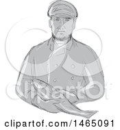 Sketched Grayscale Retro Fishmonger Holding A Fish