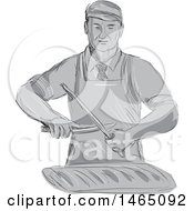 Poster, Art Print Of Sketched Grayscale Retro Butcher Sharpening A Knife Over A Cut Of Meat