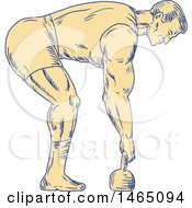 Clipart Of A Sketched Retro Bodybuilder In Profile Bending Over To Grab A Kettlebell Royalty Free Vector Illustration