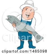Clipart Of A Sketched Male Fishmonger Holdinga Large Fish Royalty Free Vector Illustration by patrimonio