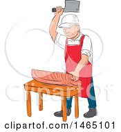 Sketched Male Butcher Cutting Meat On A Chopping Block