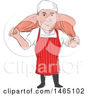 Clipart Of A Sketched Male Butcher Carrying A Leg Of Ham Over His Shoulders Royalty Free Vector Illustration