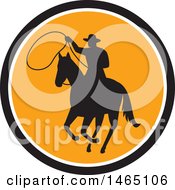 Retro Silhouetted Roping Cowboy In Horseback In A Black White And Orange Circle