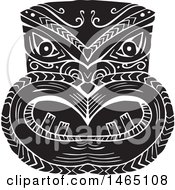New Zealand Maori Koruru Tiki Mask In Black And White Woodcut Style