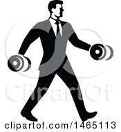 Poster, Art Print Of Business Man In A Suit Power Walking And Carrying Dumbbells In Retro Black And White Style
