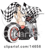Sexy Topless Brunette Woman In A Red Thong Stockings And Heels Looking Back Over Her Shoulder And Holding A Wrench While Sitting On A Motorcycle And Racing Flags In The Background Clipart Illustration by Andy Nortnik #COLLC14656-0031