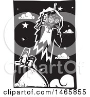 Steampunk Space Shuttle Over A Mother And Child On Earth In Black And White Woodcut Style