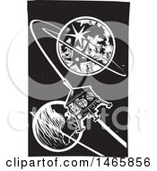 Poster, Art Print Of Steampunk Space Shuttle Orbiting Earth In Black And White Woodcut Style