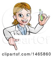 Poster, Art Print Of Cartoon Friendly White Female Scientist Holding A Test Tube And Pointing Down Over A Sign