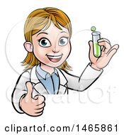 Poster, Art Print Of Cartoon Friendly White Female Scientist Holding A Test Tube And Giving A Thumb Up Over A Sign