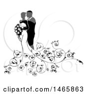 Poster, Art Print Of Black And White Silhouetted Posing Wedding Bride And Groom With A Bouquet