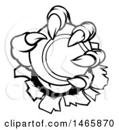 Clipart Of Black And White Monster Claws Holding A Tennis Ball And Ripping Through A Wall Royalty Free Vector Illustration by AtStockIllustration