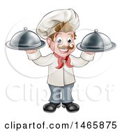 Poster, Art Print Of Cartoon Full Length Happy Young White Male Chef Holding Cloche Platters