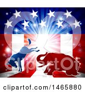 Clipart Of A Silhouetted Political Democratic Donkey And Republican Elephant Fighting Over An American Design And Burst Royalty Free Vector Illustration