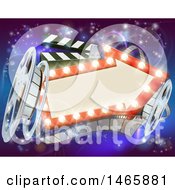 Poster, Art Print Of Retro Arrow Marquee Theater Sign With Light Bulbs Film Reels And Clapper Board Over Magical Lights