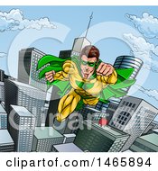 Clipart Of A Pop Art Comic Male Super Hero Flying Forward Over A City Royalty Free Vector Illustration
