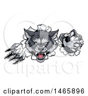 Clipart Of A Ferocious Gray Wolf Slashing Through A Wall With A Soccer Ball Royalty Free Vector Illustration