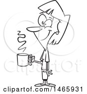 Poster, Art Print Of Cartoon Outline Happy Woman Holding A Cup Of Coffee On A Break