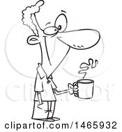 Clipart Of A Cartoon Lineart Happy Man Holding A Coffee Cup On A Break Royalty Free Vector Illustration