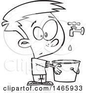 Poster, Art Print Of Cartoon Outline Boy Holding A Pail Under A Faucet Drop In The Bucket