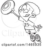 Clipart Of A Cartoon Lineart Boy Catching A Frisbee Royalty Free Vector Illustration